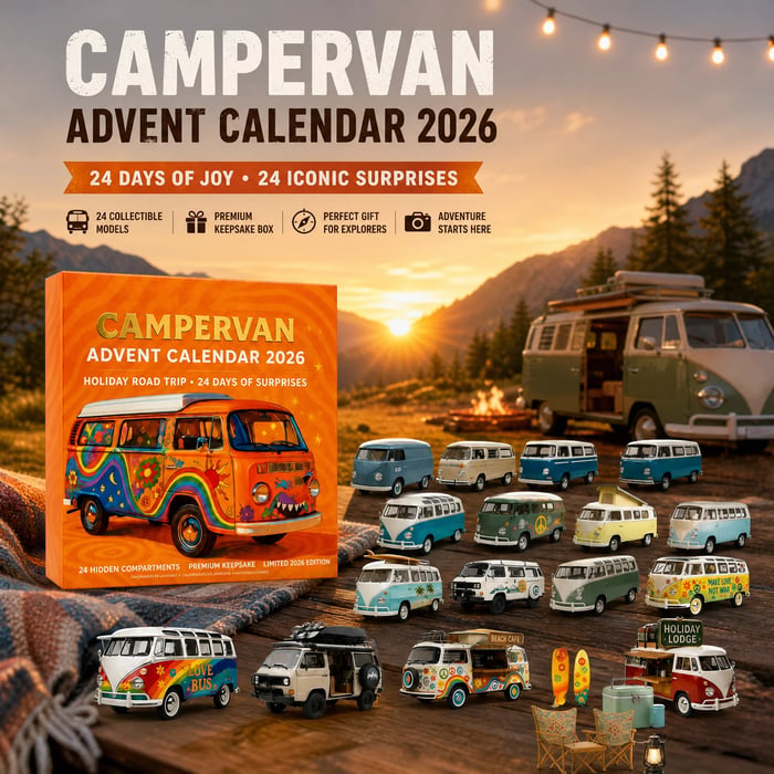 24 napos kempingbuszos adventi naptár 2026 – vintage road trip hangulat