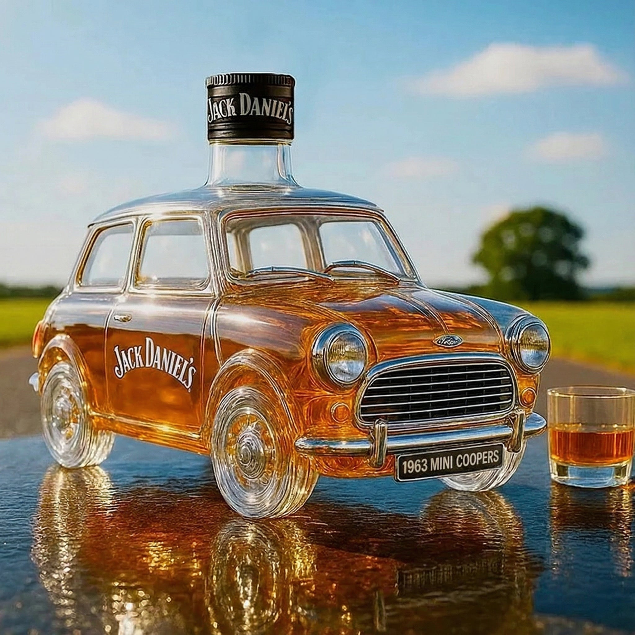 Retro láhev na whiskey ve tvaru auta Cooper