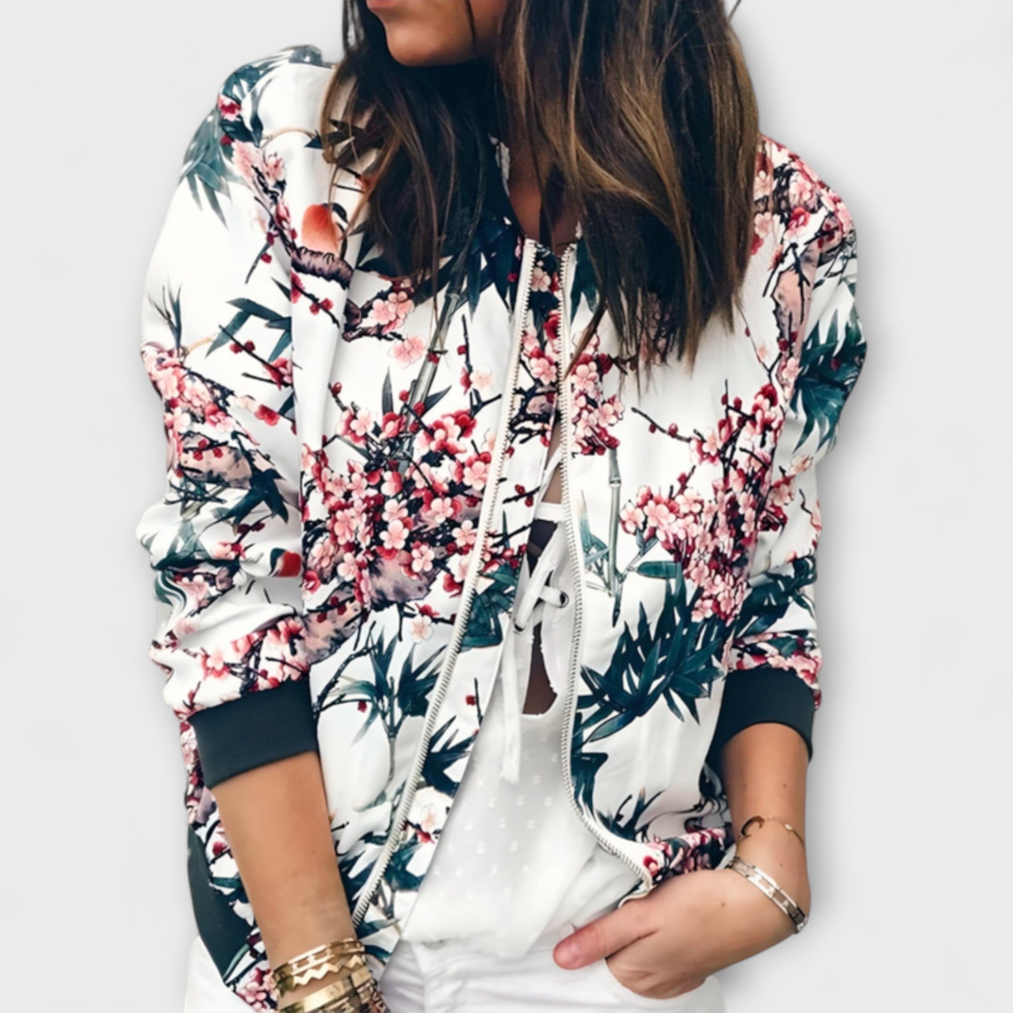 Gabriella Budapest | Elegáns virágmintás bomber dzseki