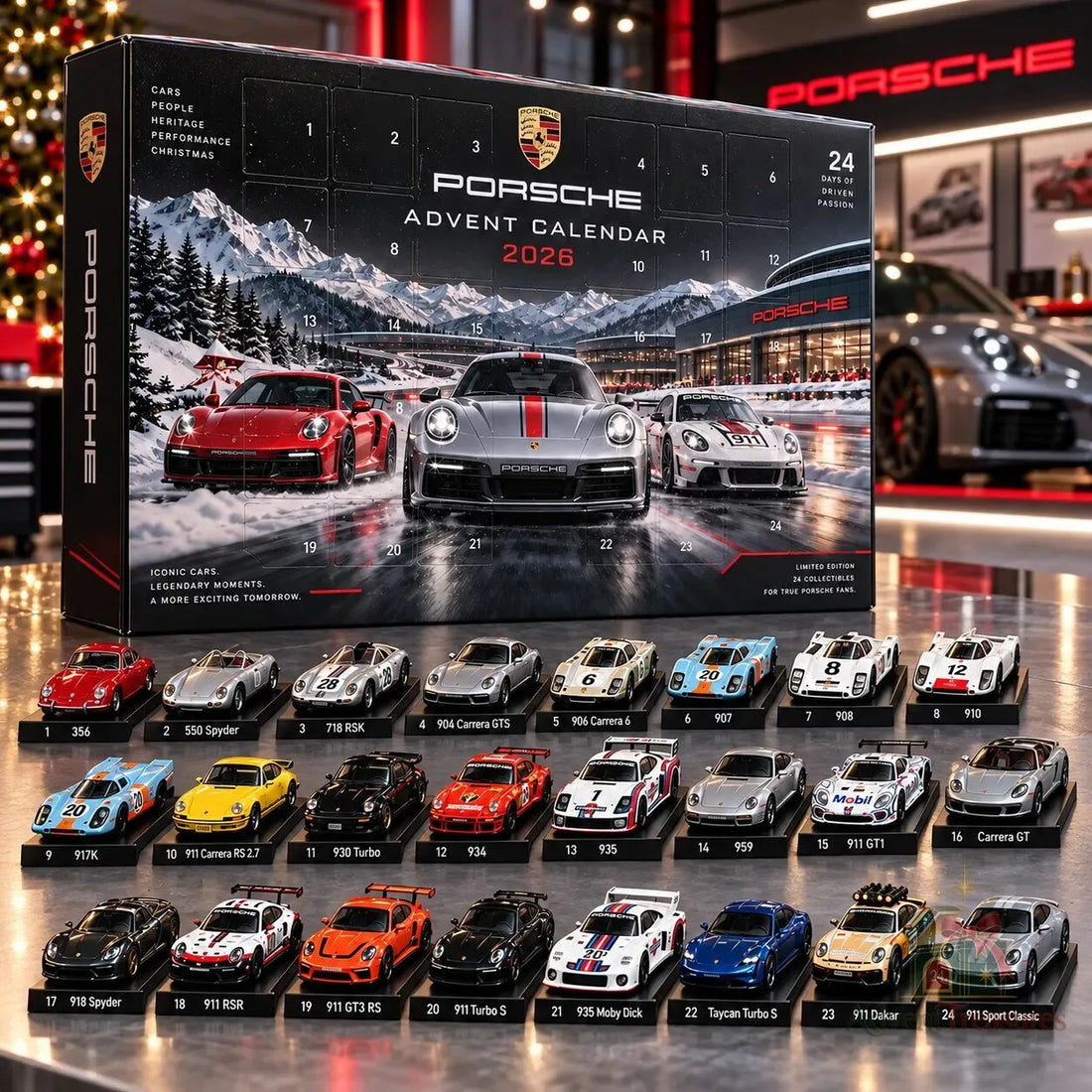 Porsche adventi naptár 2026 – 24 kisautós doboz