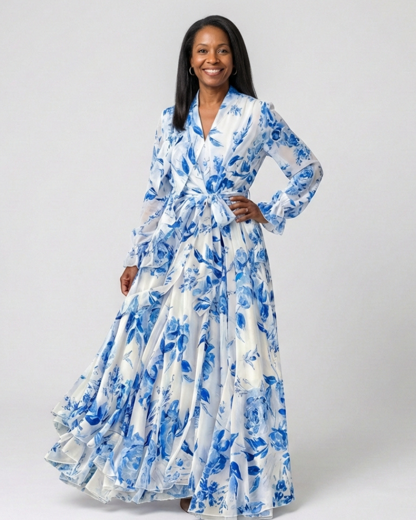 Gabriella Budapest | Virágmintás, hosszú ujjú maxi ruha